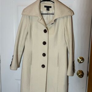 New York & Company Cream Trench Coat with Dark Wooden Button Detail